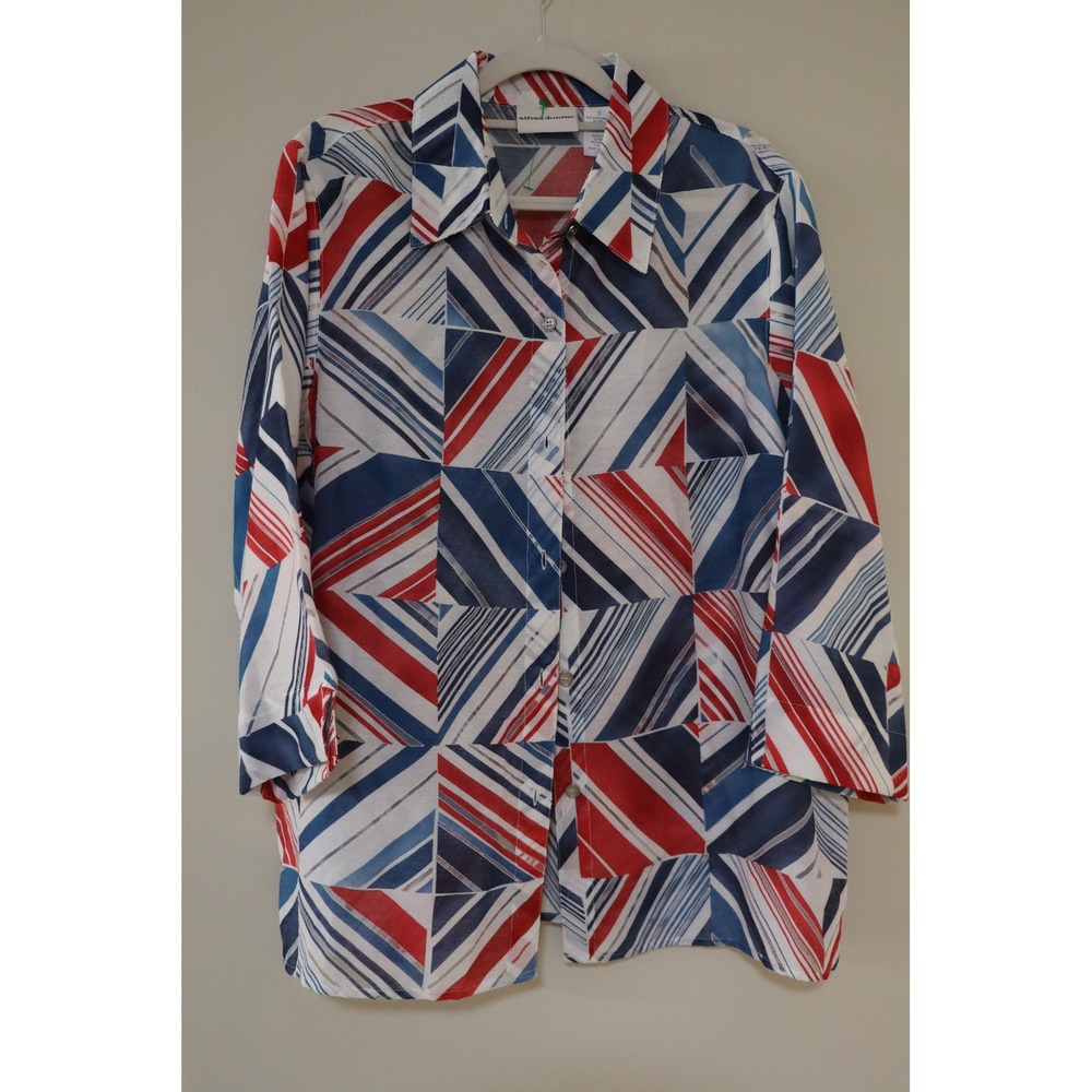 Mod Geometric Abstract Alfred Dunner Blouse 12 Red White Blue Button Down Shirt